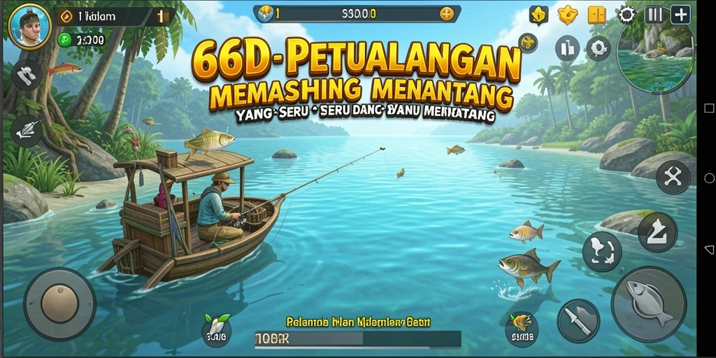 Tampilan gameplay 66D saat memancing di danau yang tenang.
