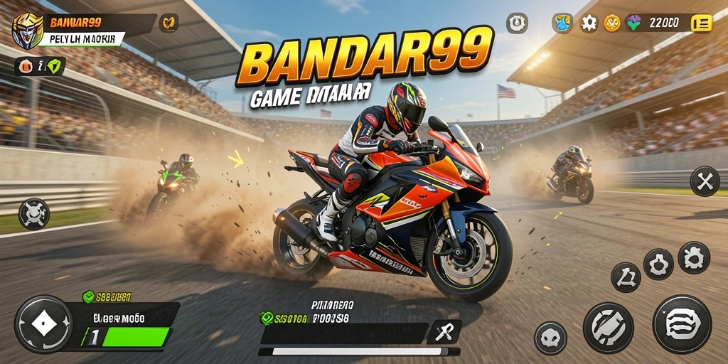 Tampilan gameplay mendebarkan dari BANDAR99 dengan balapan motor yang seru.