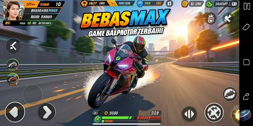 Tangkapan layar menunjukkan aksi balap motor seru dalam game BEBASMAX.