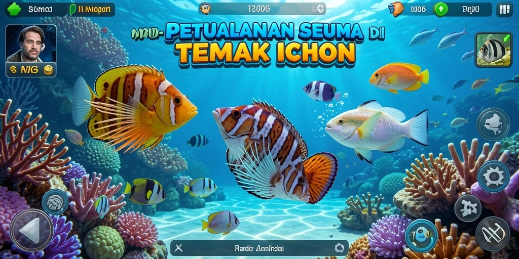 Tampilan gameplay seru di dunia Tembak Ikan N06 dengan ikan berwarna-warni.