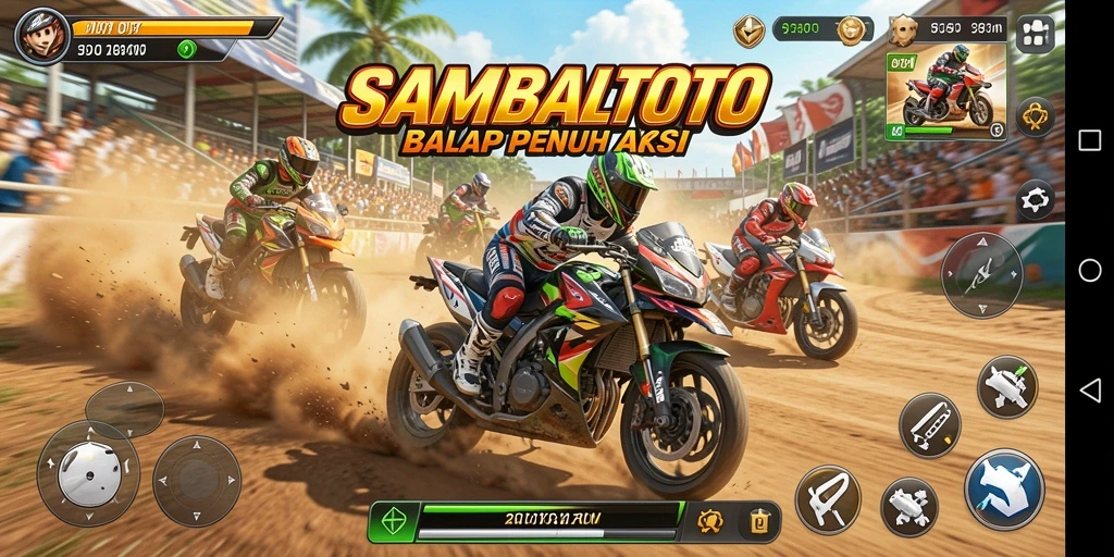 Screenshot SAMBALTOTO menampilkan aksi balap motor yang intens.