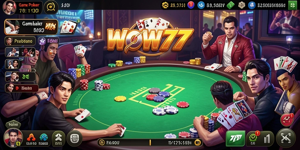 Tampilan utama gameplay WOW77 dengan suasana Poker yang menegangkan.